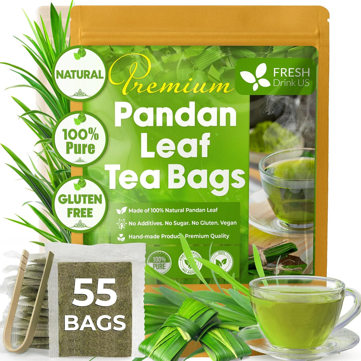 FreshDrinkUS, Premium Pandan Leaf Tea, 55 Count, Pure, Caffeine Free