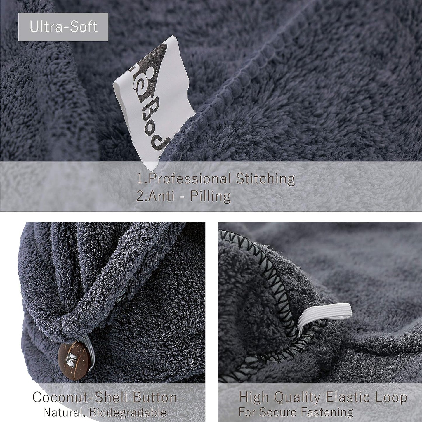 myHomeBody Hair Towel Wrap, Luxury Quick Drying Turban, Ultra Soft Absorbent Charcoal Fiber Cap, with Coconut Shell Button – Gray