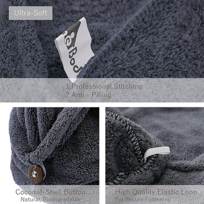 myHomeBody Hair Towel Wrap, Luxury Quick Drying Turban, Ultra Soft Absorbent Charcoal Fiber Cap, with Coconut Shell Button – Gray