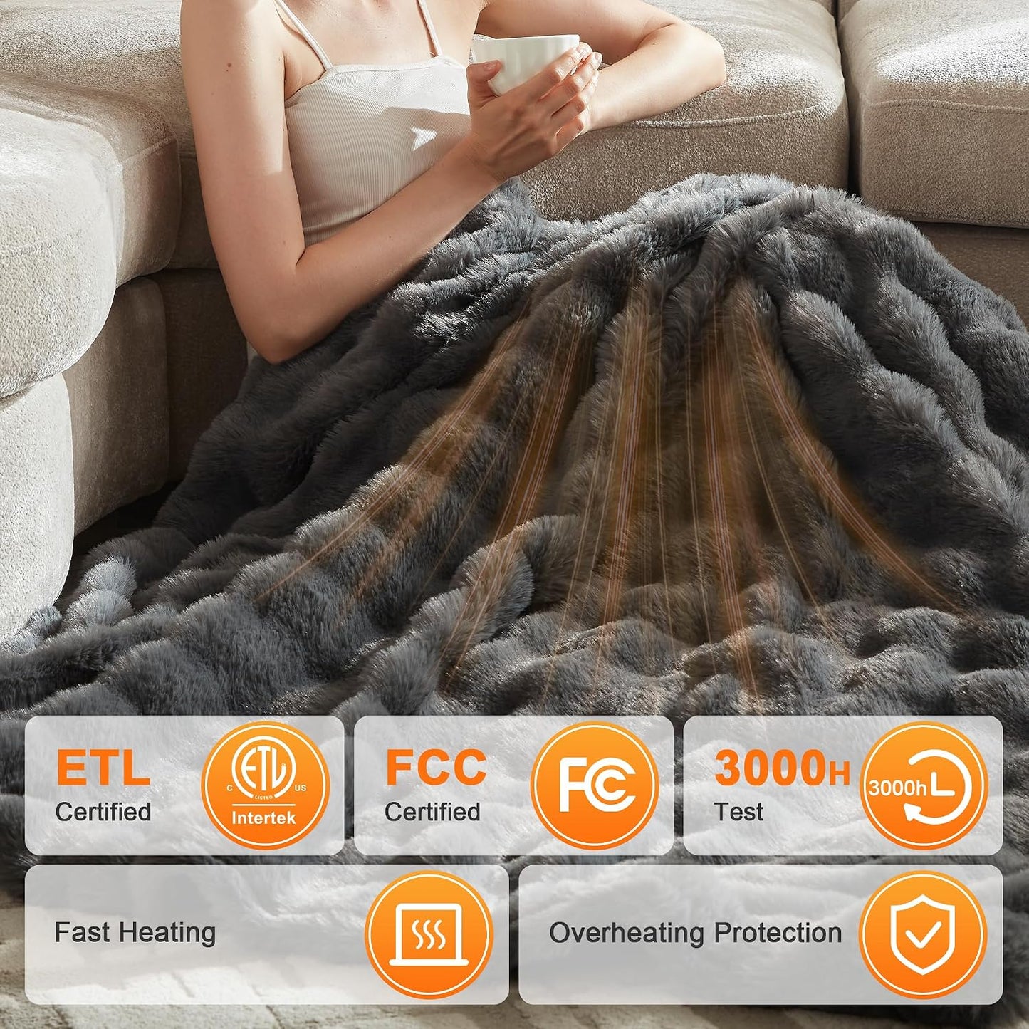 Heated Throw Blanket - Fast Heating 3D Jacquard Electric Heated Blanket, Cozy Heating Blanket with 6 Heating Settings & 4 Hours Auto-Off, Machine Washable, 50"x60", London Grey