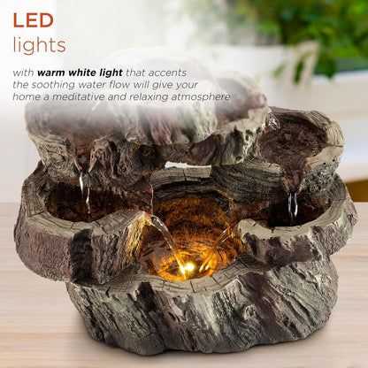 Alpine Corporation | 14"H Indoor Tiered Log Tabletop Fountain with LED Lights — Cascading Waterfall Design Creates Relaxing Ambiance for Home & Office Décor