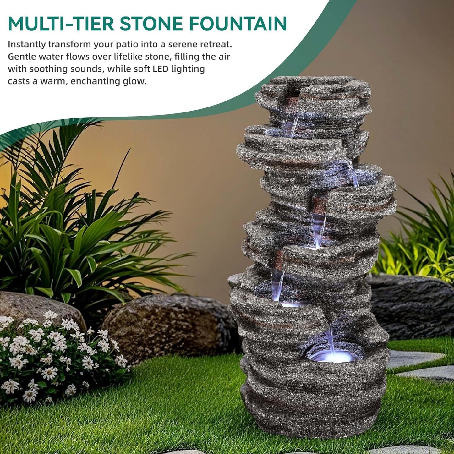 19.5" H 4-Tier Indoor & Outdoor Water Fountain with LED Lights | Resin Pebble Textured Tabletop Cascading Water Feature, Relaxing Decor for Patio, Porch, Deck, Yard & Home