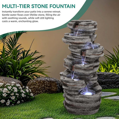 19.5" H 4-Tier Indoor & Outdoor Water Fountain with LED Lights | Resin Pebble Textured Tabletop Cascading Water Feature, Relaxing Decor for Patio, Porch, Deck, Yard & Home