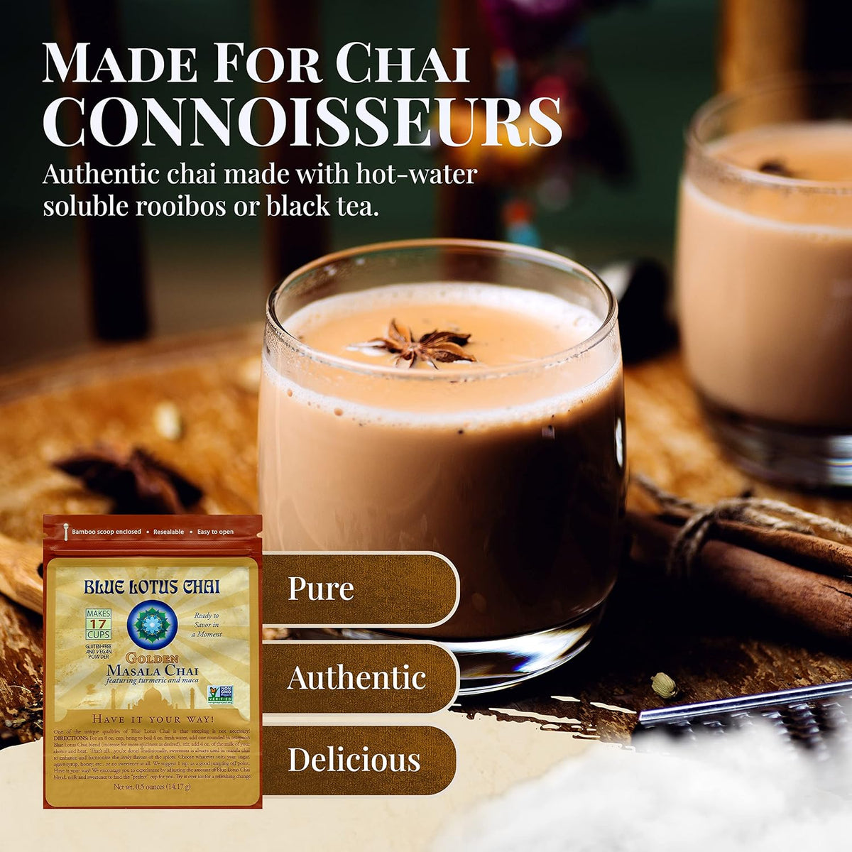 Blue Lotus Chai - Golden Masala Flavor Chai - Makes 100 Cups - 3 Ounce Masala Spiced Chai Powder with Organic Spices - Instant Indian Tea No Steeping - No Gluten