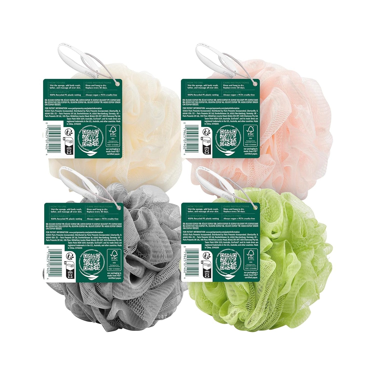 EcoTools EcoPouf 3 Pack Bath Sponge Set, Soft Recycled Netting Shower Poufs for Gentle Exfoliating & Daily Body Cleansing, Rich Lather Loofah Sponges, Vegan & Cruelty-Free