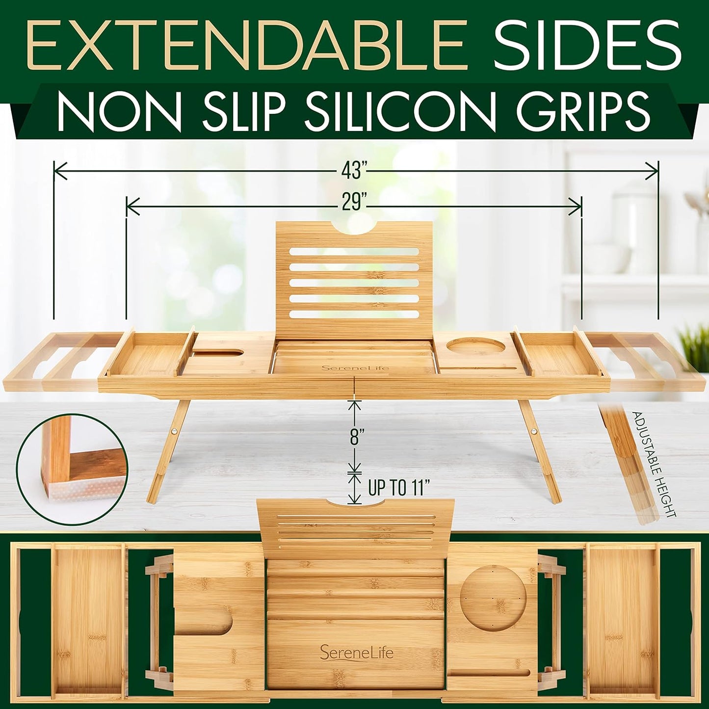 SereneLife Bath Caddy Breakfast Tray Combo - Natural Bamboo Wood Waterproof Tub and Bed with Folding Slide-Out Arms, Device Grooves, Wine Glass Soap Holder
