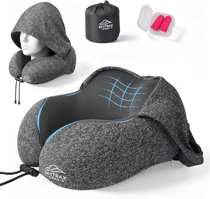 SkytraxComf® Travel Neck Pillow with Hood for Privacy on Long Flights | Memory Foam | Airplane Sleep | Safety-Tested Materials | Extra Large Hood | Chin Support | Earplugs | Washable Cover