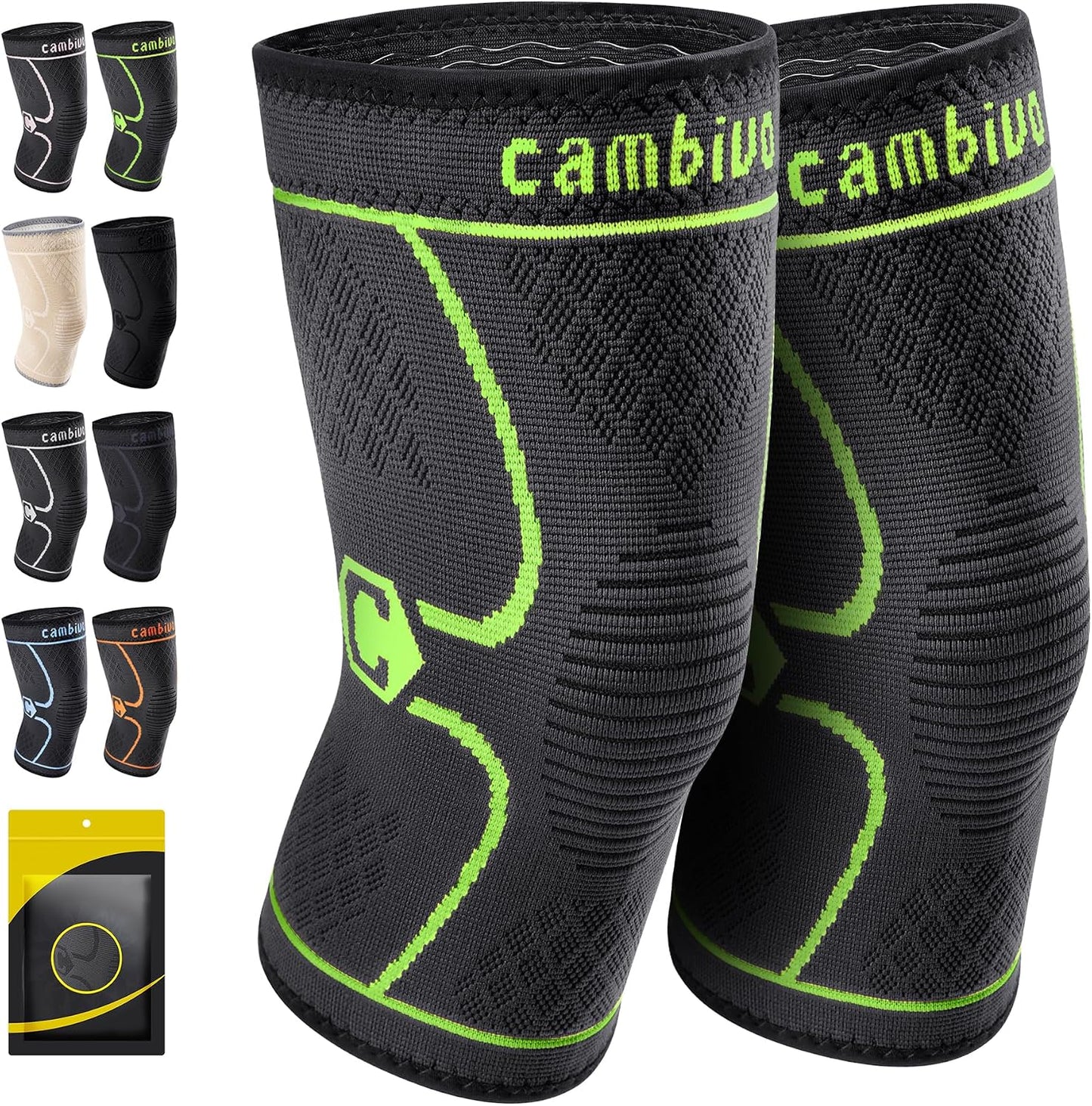 CAMBIVO 2 Pack Knee Braces for Women & Men, Knee Compression Sleeves for Knee Pain Relief, Knee Support with Non-Slip Silicone, Breathable, for Running, Workout, Weightlifting & Daily Use, Arthritis Support (Black, Medium)