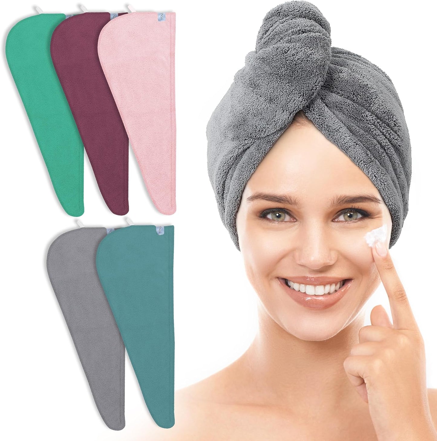TENSTARS 5 Pack Thicken Microfiber Hair Towel Wrap for Women - Elastic Loop Design - 320GSM Coral Velvet - Quick Dry Hair Turban - 11x28 Inch (Pink)