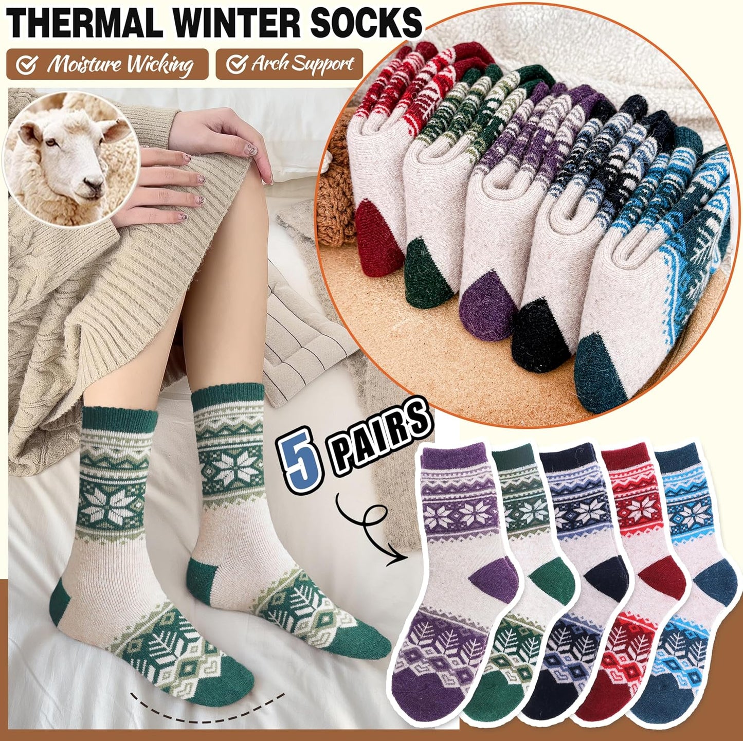 EBMORE Merino Wool Socks for Women Hiking Thermal Warm Winter Thick Boot Cozy Crew Comfy Work Socks for Ladies 5 Pairs