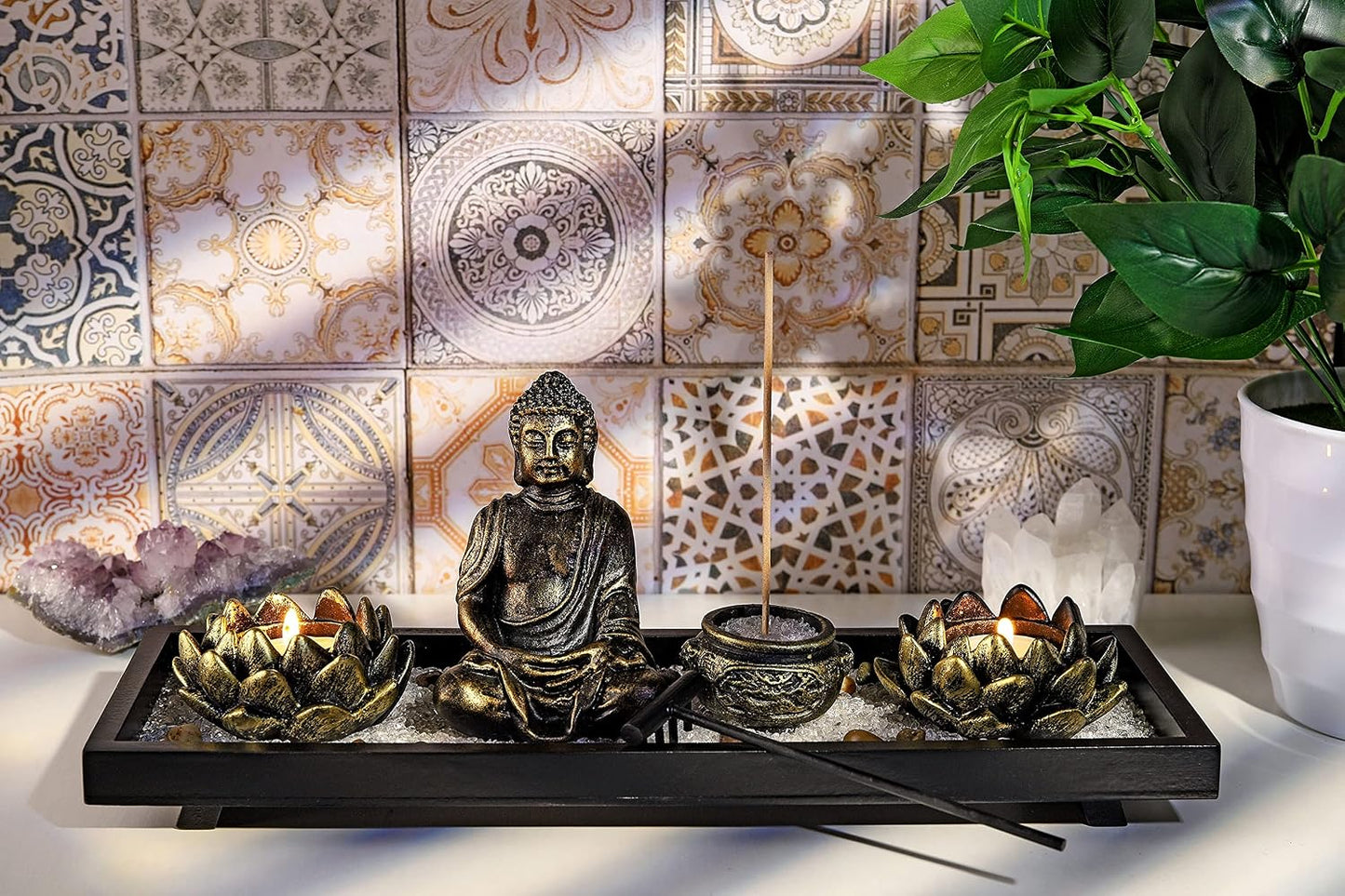 Jovivi Zen Garden Set Buddha Statue w/Tealight Candle Holder, Rocks & Incense Burner Holder & Wood Tray for Yoga Meditation Home Table Decor Gift