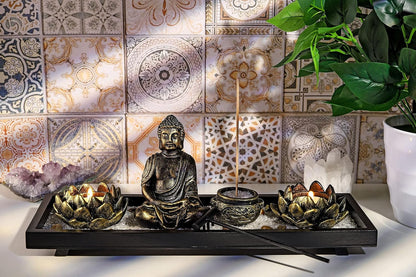 Jovivi Zen Garden Set Buddha Statue w/Tealight Candle Holder, Rocks & Incense Burner Holder & Wood Tray for Yoga Meditation Home Table Decor Gift