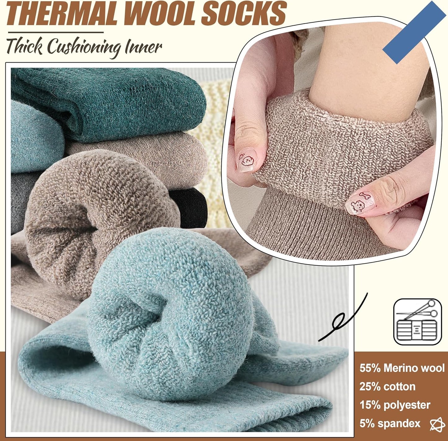 EBMORE 5 Pairs Women Merino Wool Boot Socks Warm Thermal Winter Thick Hiking Cozy Cabin Crew Comfy Socks for Ladies