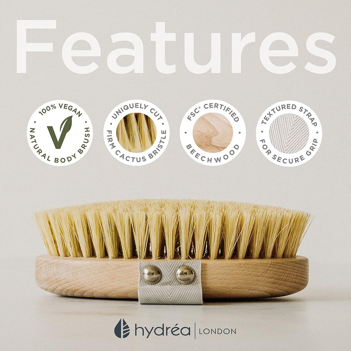 Hydrea London Dry Brushing Body Brush with Cactus Bristle - Cellulite Remover, Vegan Best Dry Brush for Flawless Skin, Helps Improve Lymphatic Drainage - FSC® Certified Beechwood.