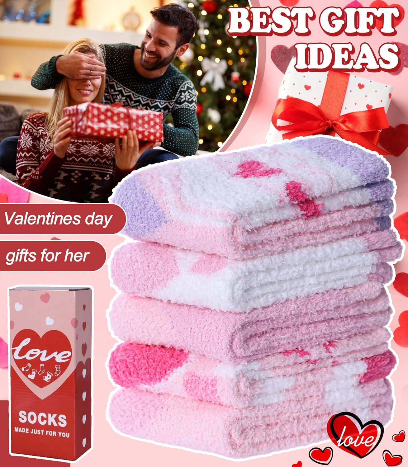 LANLEO Fuzzy Socks for Women Fluffy Slipper Winter Warm Soft Cozy Microfiber Plush Sleeping Heart Socks