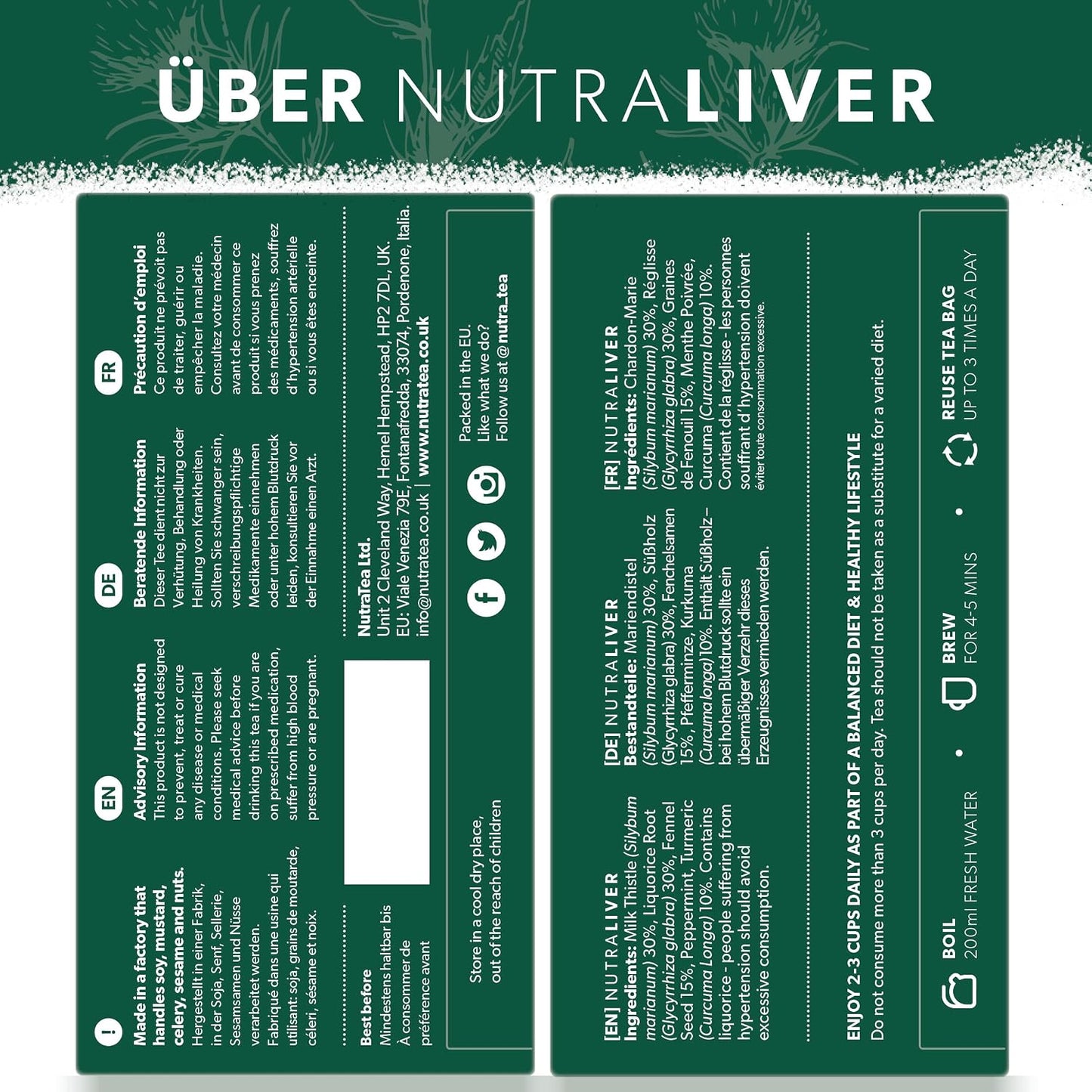 NUTRALIVER - Liver Detox & Cleanse Tea - Milk Thistle, Turmeric & Fennel - 40 Enveloped Tea Bags - Herbal Tea - 2 Pack