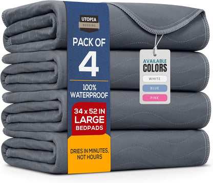 Utopia Bedding Washable Underpads 34" x 36" (Pack of 4), Waterproof Reusable Heavy Absorbency Incontinence Bed Pads for Adults, Kids, Elderly and Pets, Bedwetting Pads for Sofa and Couch (Blue)