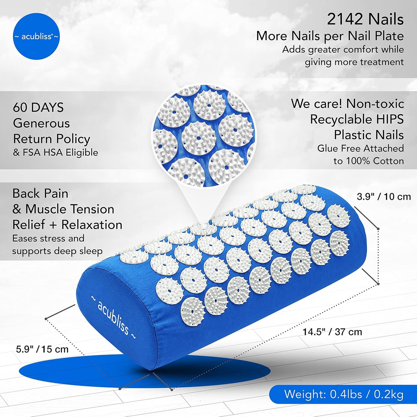 The Comfortable Acupressure Mat Pillow Massage Set - Neck & Back Pain Relief, Acupuncture Mat & Pillow Set for Increased Energy & Relaxation, Carry Bag, FSA/HSA Eligible, Blue