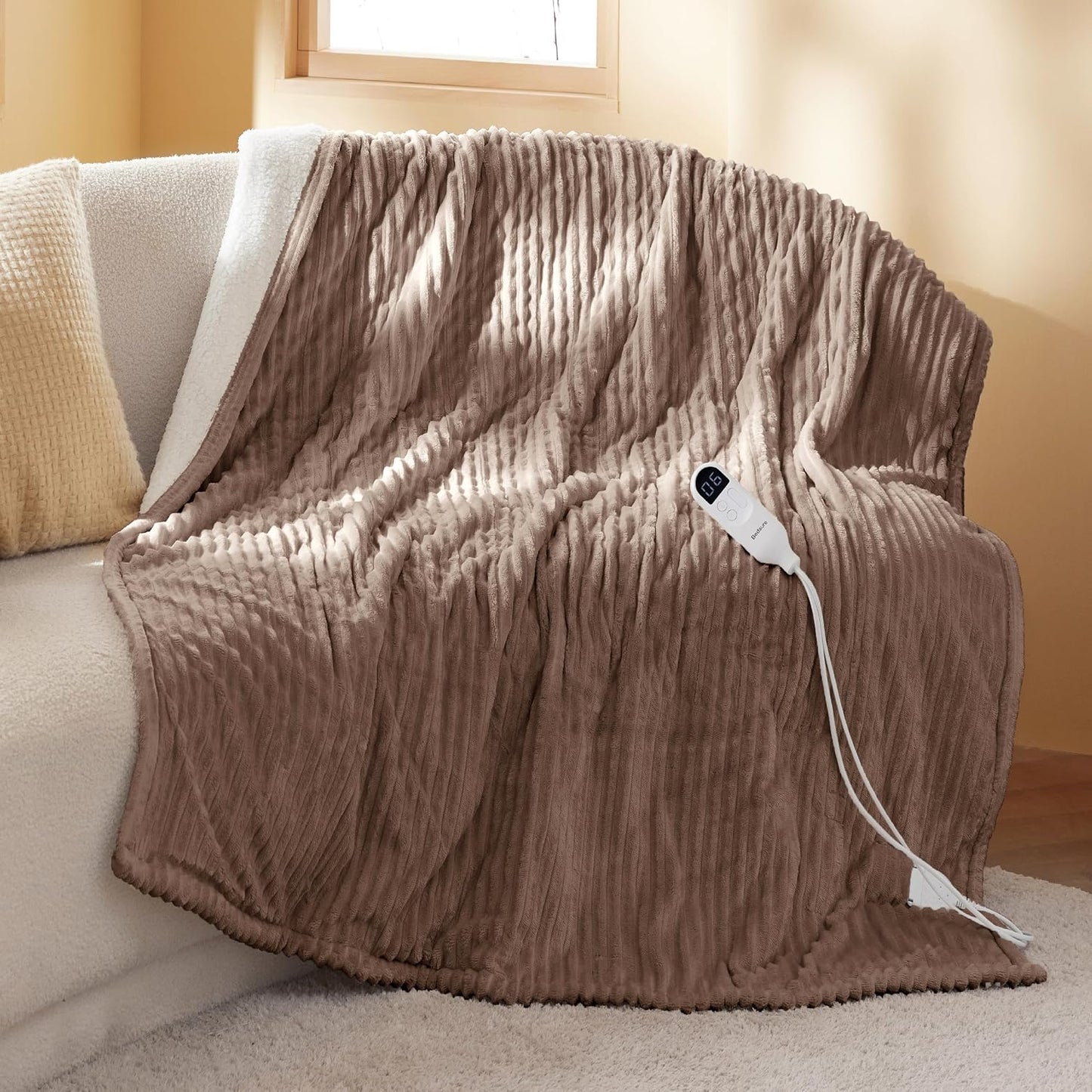 Bedsure GentleSoft Heated Blanket Throw - Soft Ribbed Flannel Electric Blanket, Gifts for Grandma (50x60 inches, Grey)