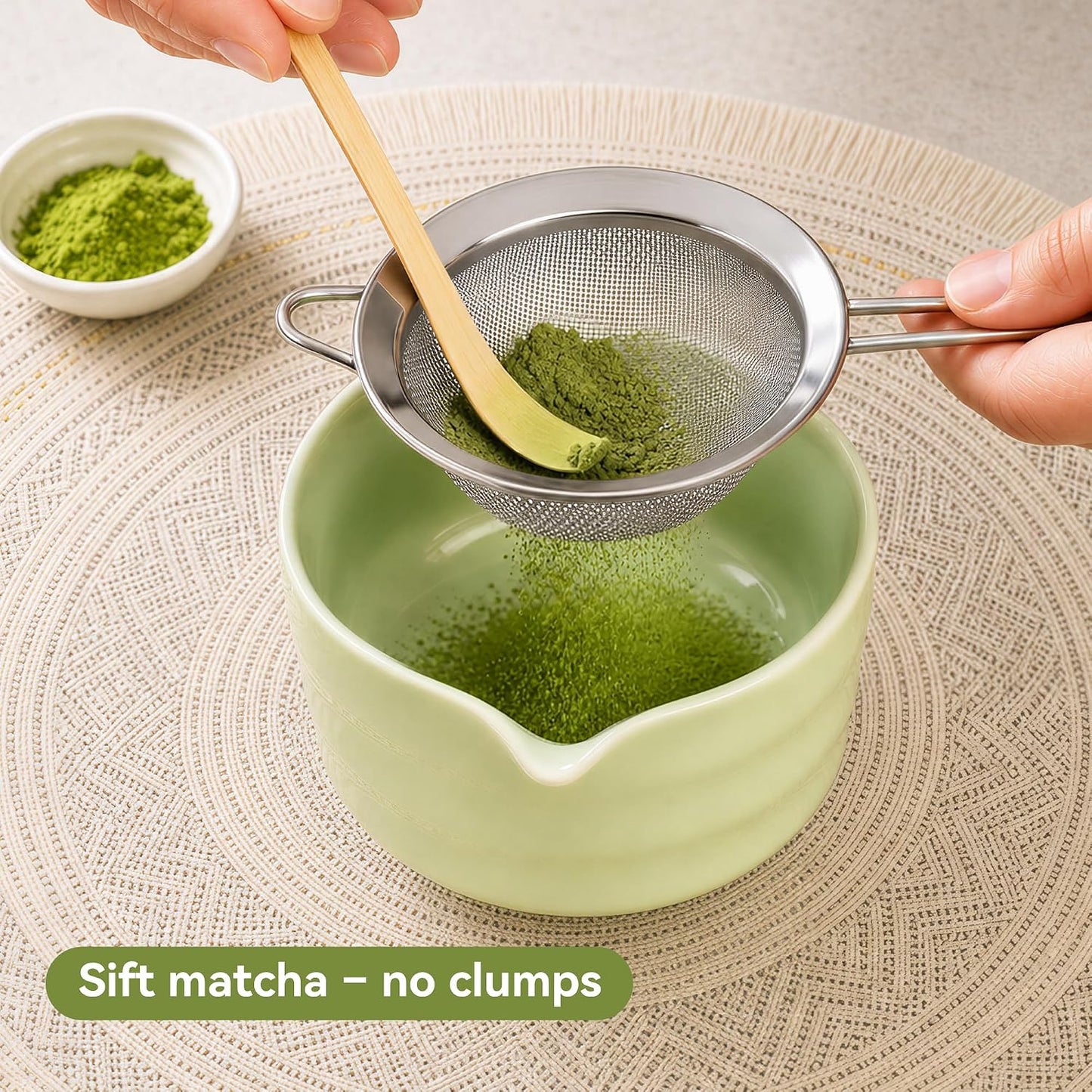 Matcha Whisk Set with Ceramic Bowl - Complete Matcha Making Kit, Bamboo Whisk (Chasen), Whisk Holder, Matcha Powder Sifter, Scoop, Japanese Tea Ceremony Tools（Green）