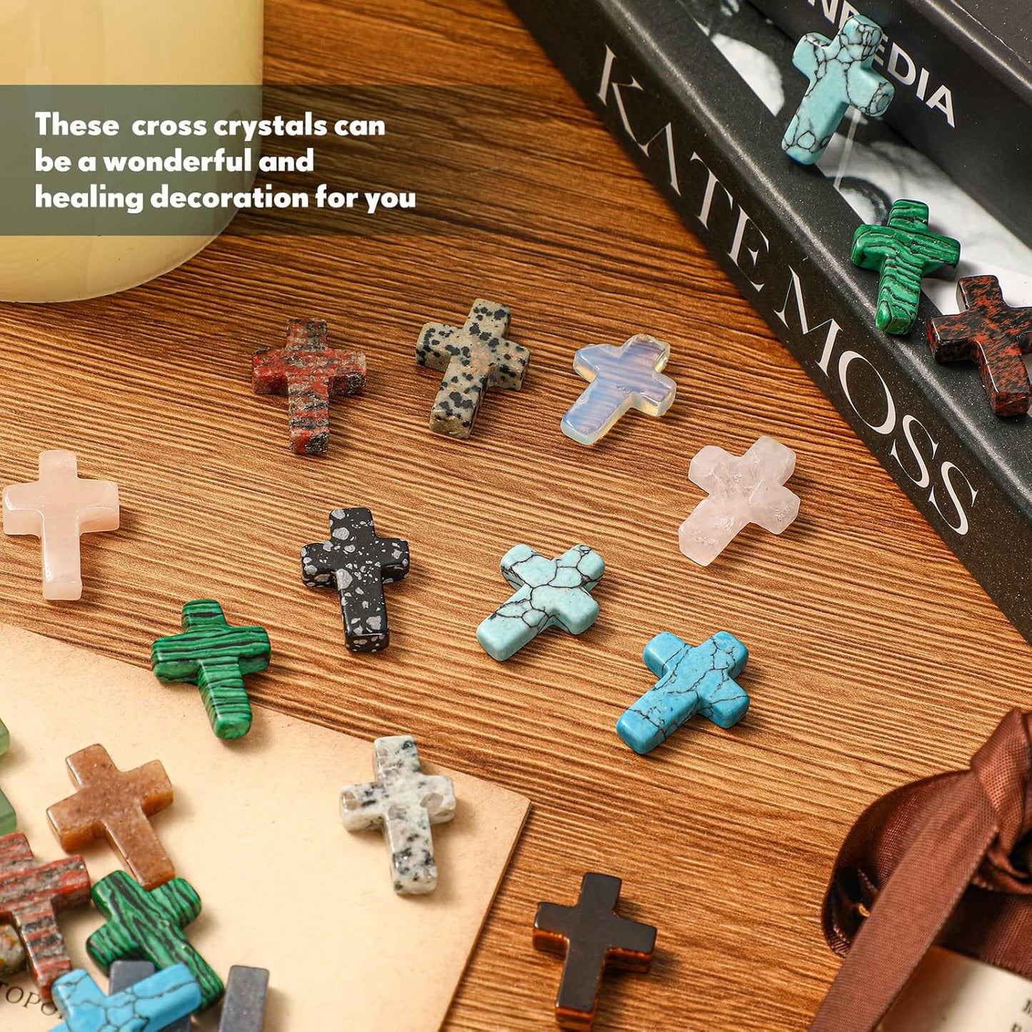 Nuenen 50 Pcs Cross Charm for Women Man Celebration Grad Decor Crystal Pocket Cross Necklace Natural Worry Stone Gift for Jewelry Making Craft Festival Decor(0.71 x 0.98 x 0.24 Inch,Fresh)