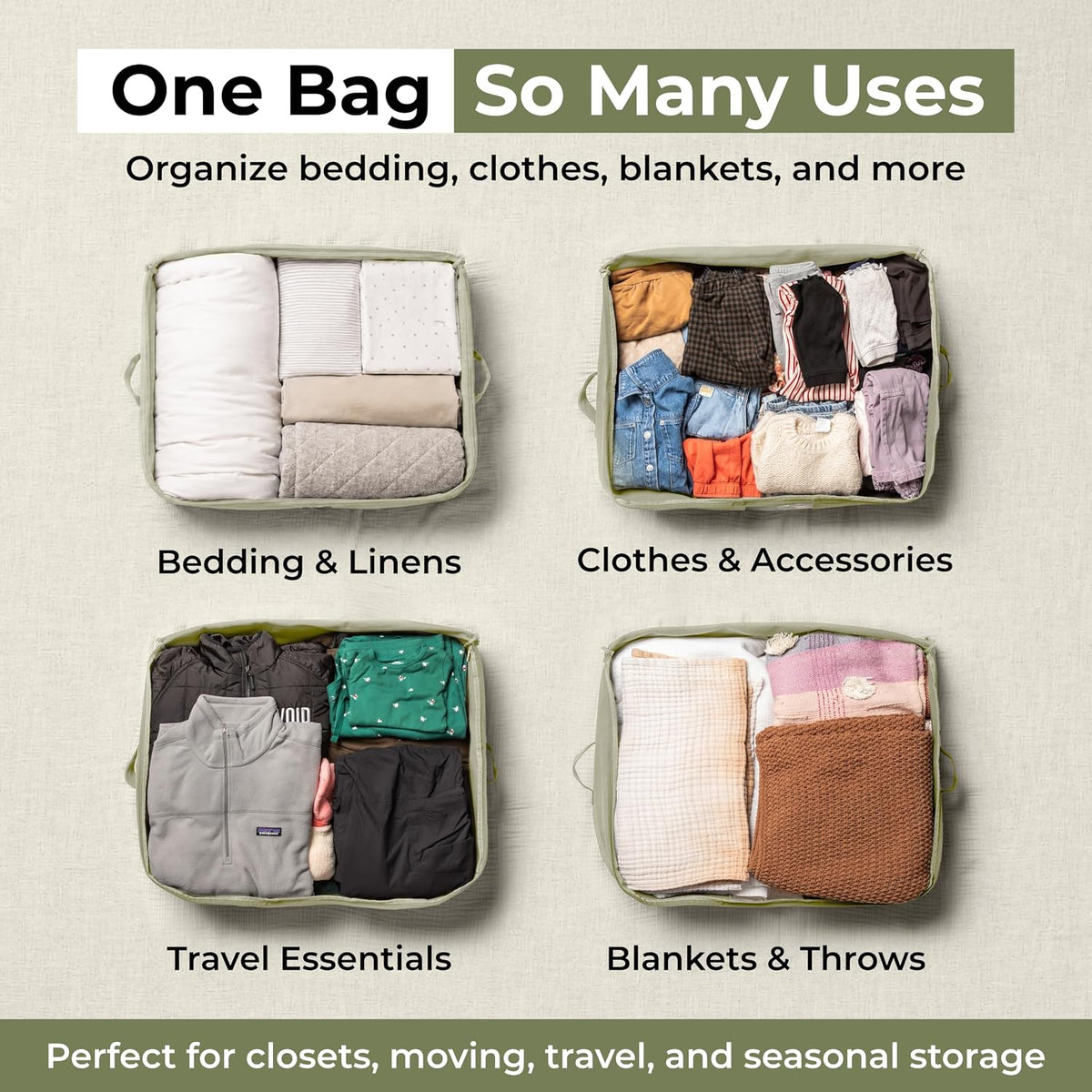 Soft Canvas Storage Bags with Zipper. Thick Breathable, 2pc King/Queen Comforter Organizer. Four Carrying Handles and Window. Large 25x19x9in Bag for Sheets Blankets Bedding Pillows, Clothes