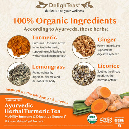 DelighTeas Organic Turmeric Ginger Tea | Ayurvedic Loose Leaf Herbal Turmeric Tea for Mobility, Immune & Digestive Support | Non-GMO, Caffeine Free, Unsweetened | 50 Servings, 4oz.