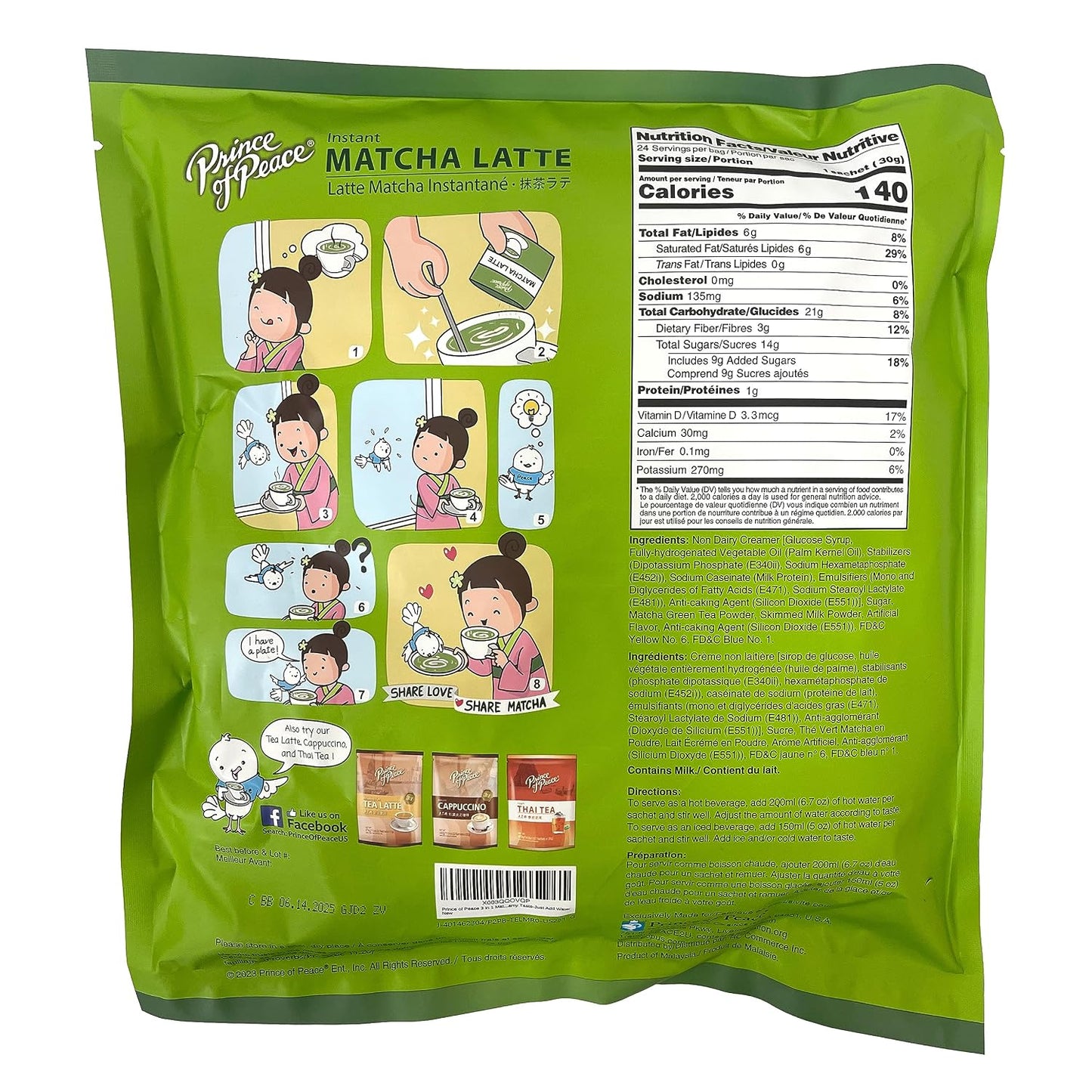 Prince of Peace 3 in 1 Matcha Latte Instant Beverage, 24 Sachets – Made with Matcha Powder from Japan - Instant Hot or Cold Beverage – Easy to Brew – Rich and Creamy Taste – Just Add Water