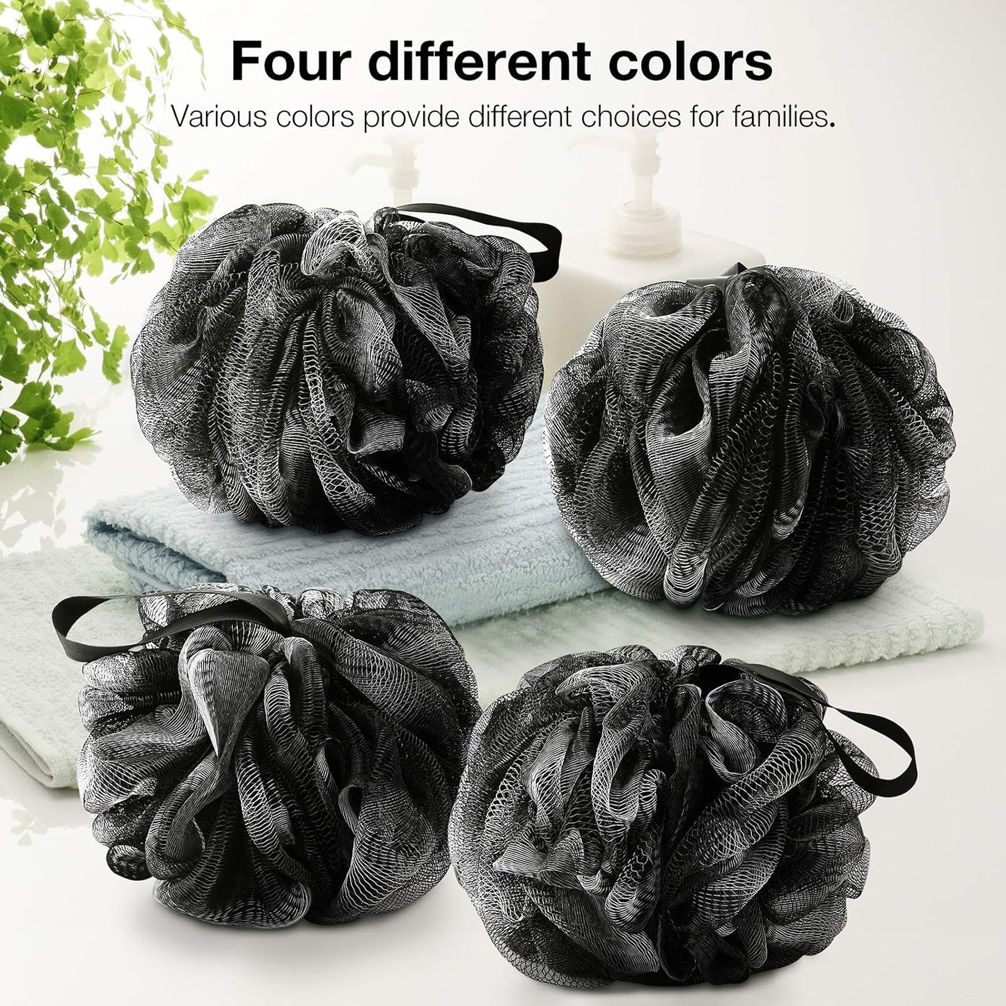 DadyMart Shower Loofah Sponge Pouf – XL Exfoliating Bath Puff Body Scrubber, Soft Mesh Shower Sponge with Reinforced Knot, Rich Lather, Set of 4 for Women and Men