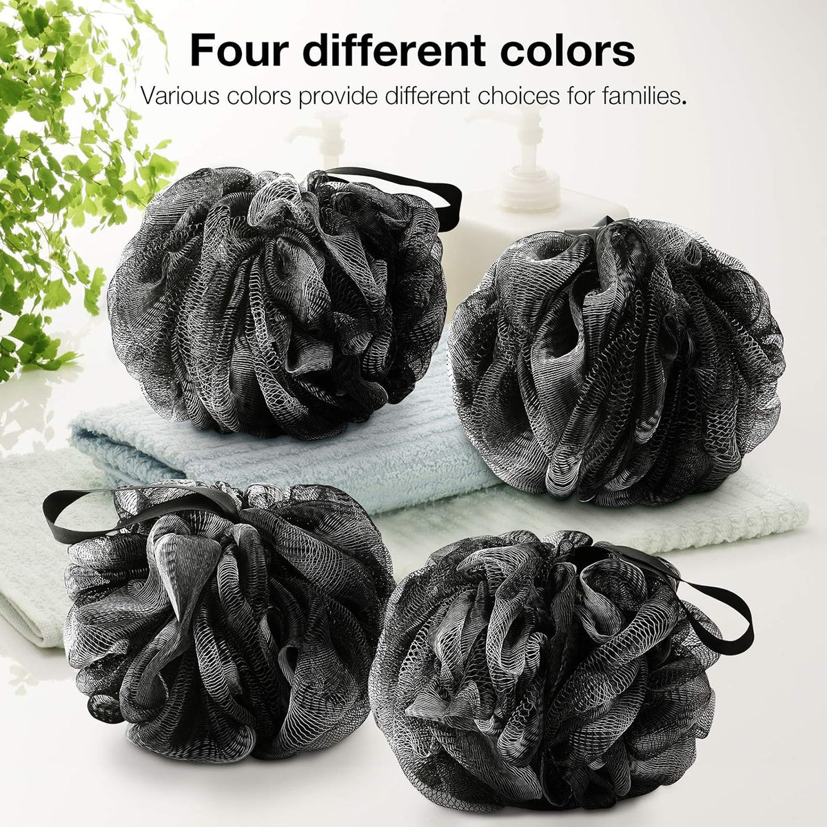 DadyMart Shower Loofah Sponge Pouf – XL Exfoliating Bath Puff Body Scrubber, Soft Mesh Shower Sponge with Reinforced Knot, Rich Lather, Set of 4 for Women and Men