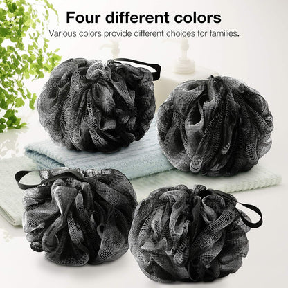 DadyMart Shower Loofah Sponge Pouf – XL Exfoliating Bath Puff Body Scrubber, Soft Mesh Shower Sponge with Reinforced Knot, Rich Lather, Set of 4 for Women and Men
