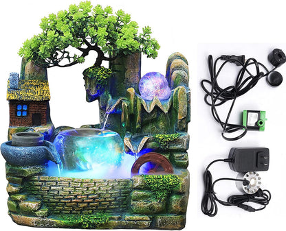 Mini Artificial Bonsai Tree Waterfall Fog Feature Rock Tabletop Fountain | 11in Desktop Decor Waterfall Fountain W/ Water Pump& Atomizer&LED Lights &Fake Tree Office Bedroom Relax