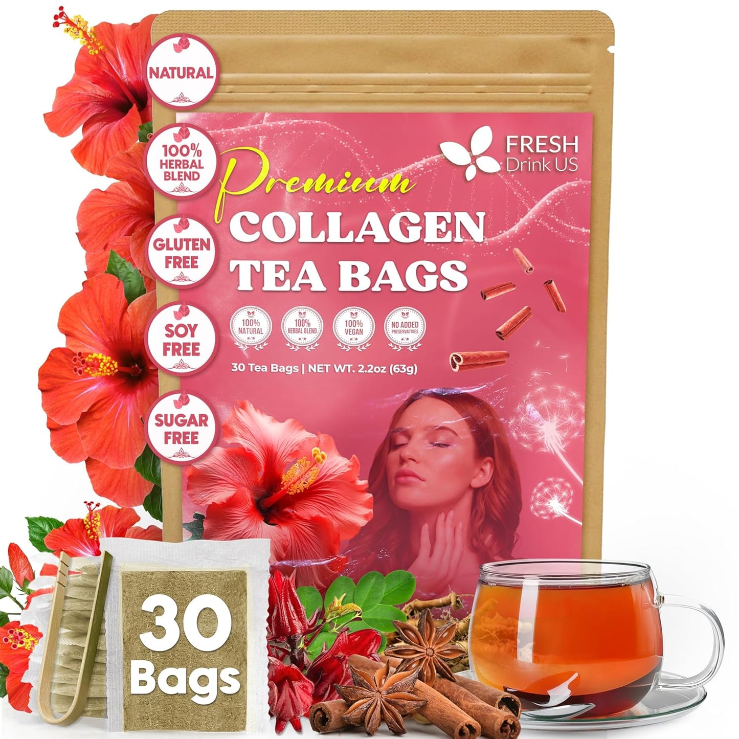 FreshDrinkUS, Premium 150 Lemon Ginger Tea Bags, 100% Natural Ingredients, Hand-made Blend of Lemon and Ginger, Eco-conscious Tea Bags. No Sugar, No Caffeine, Vegan. - Colors B