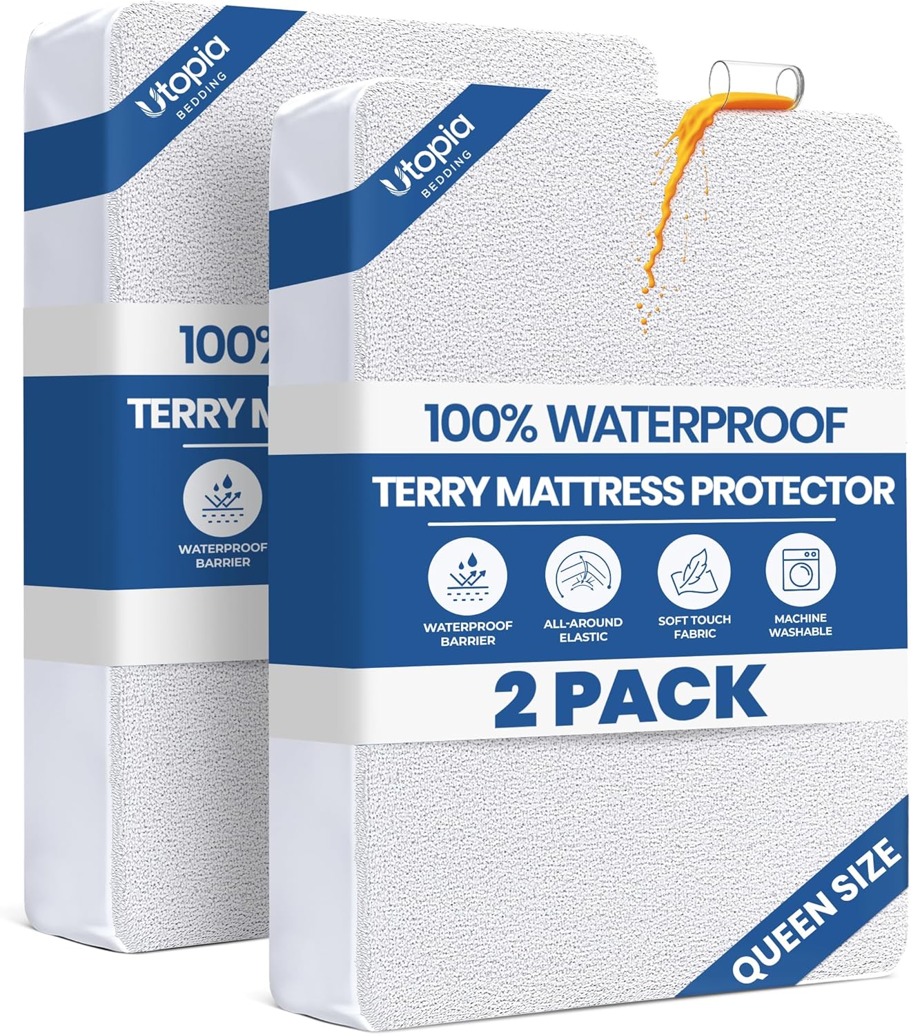 Queen Size Mattress Protector Waterproof, Premium 200 GSM Terry Mattress Cover, Soft & Breathable Bed Cover, Fitted Sheet Style Stretchable Deep Pockets 17" by Utopia Bedding (White)