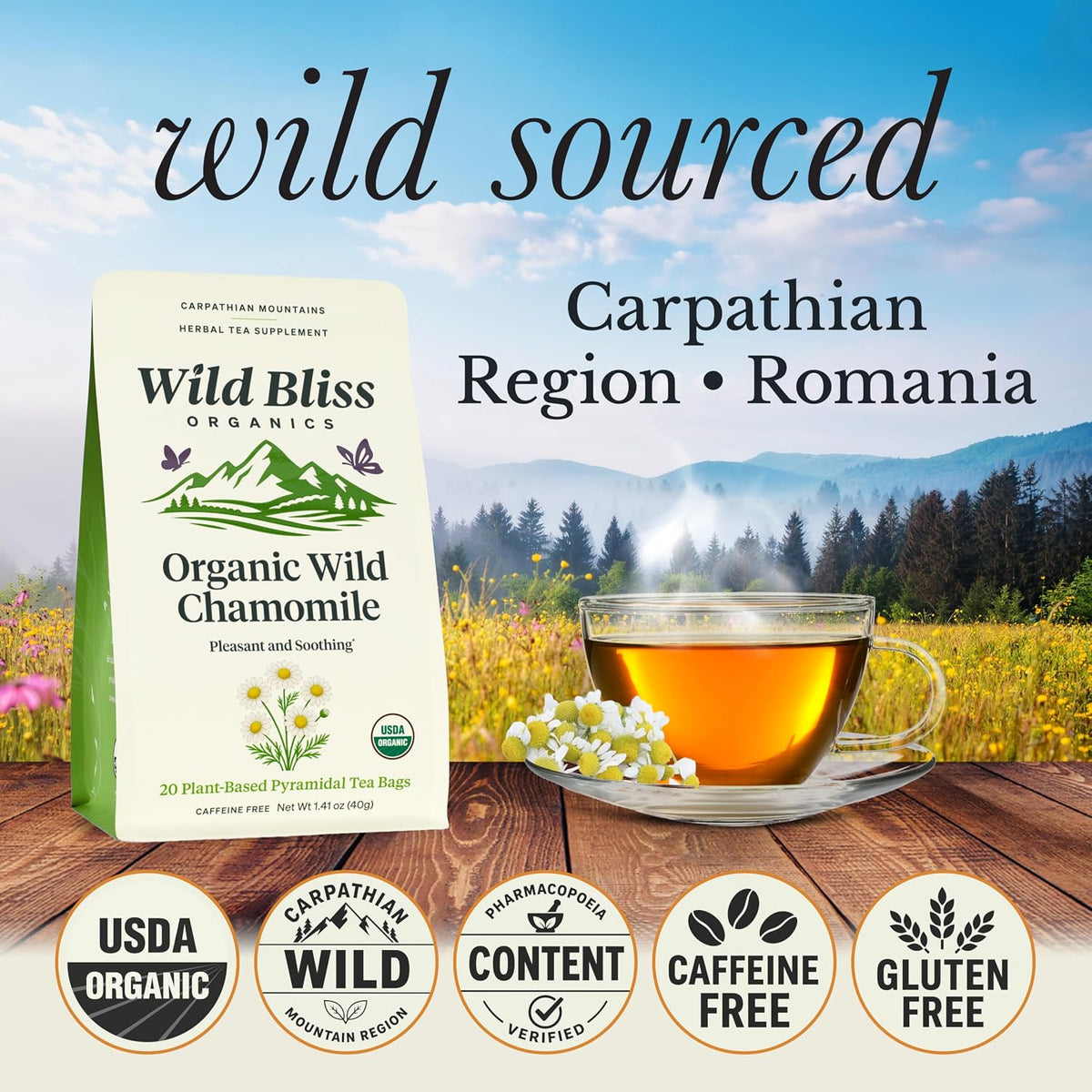 Wild Bliss Organic Chamomile Tea - Caffeine Free Calming Herbal Support - Pharmacopoeia Potency - 20 Plant Based Tea Bags