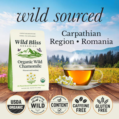 Wild Bliss Organic Chamomile Tea - Caffeine Free Calming Herbal Support - Pharmacopoeia Potency - 20 Plant Based Tea Bags