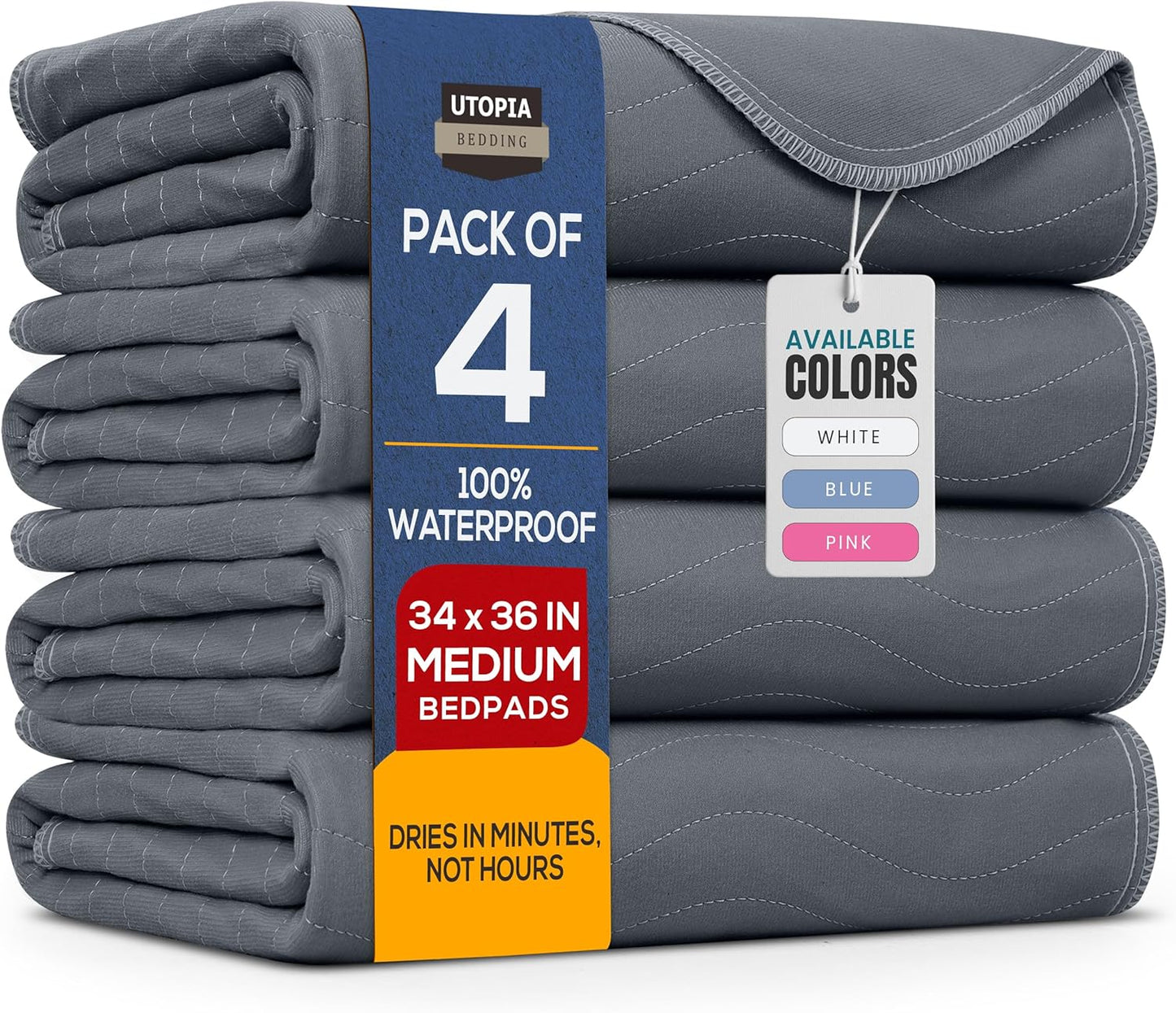 Utopia Bedding Washable Underpads 34" x 36" (Pack of 4), Waterproof Reusable Heavy Absorbency Incontinence Bed Pads for Adults, Kids, Elderly and Pets, Bedwetting Pads for Sofa and Couch (Blue)