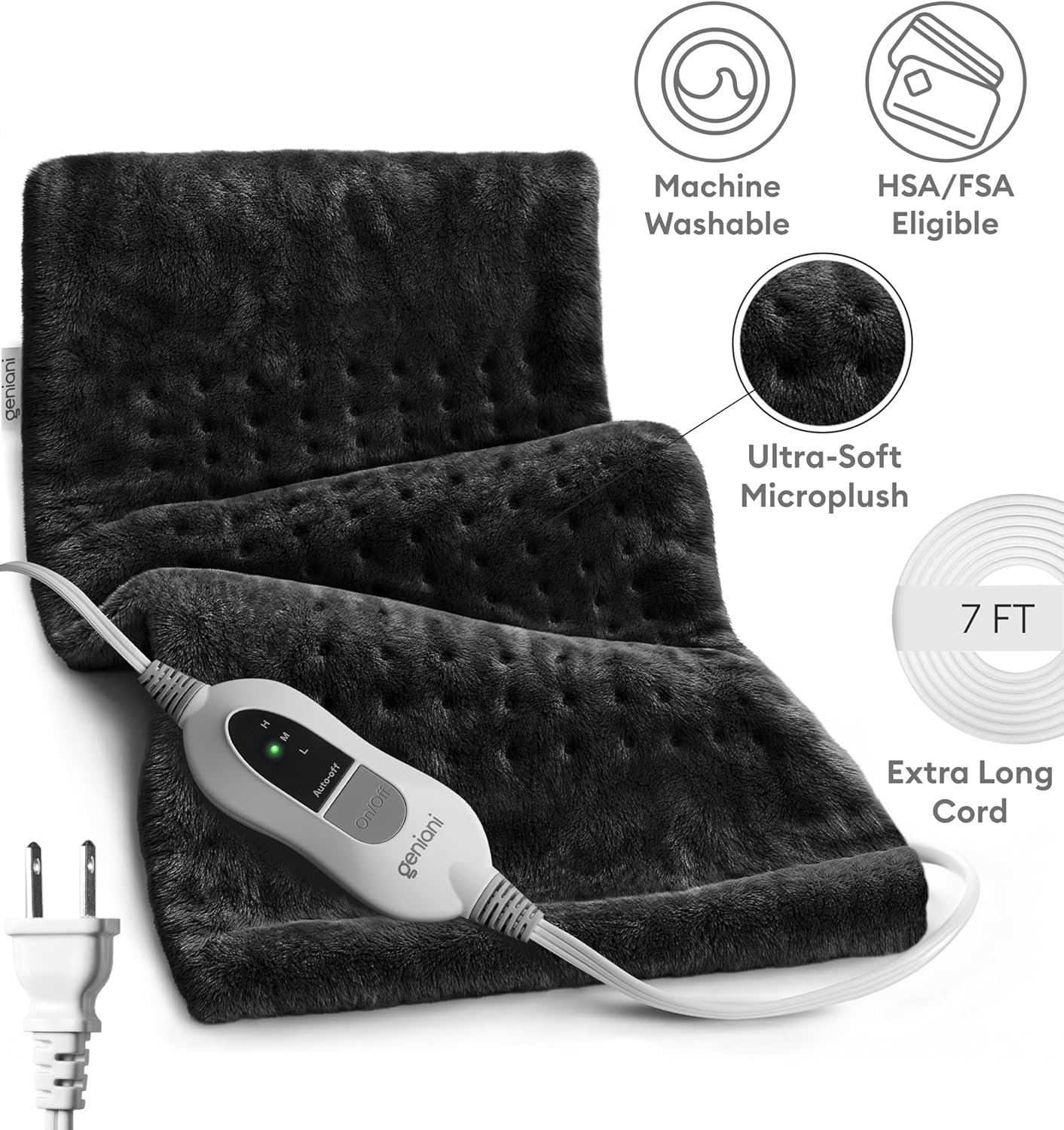 GENIANI Electric Heating Pad for Back Pain & Cramps Relief, Electric Throw, Self Care Gifts for Women, Heating Pad for Neck & Shoulder, Machine Washable Microplush, Auto Shut Off (12"x24", Tabby Gray)