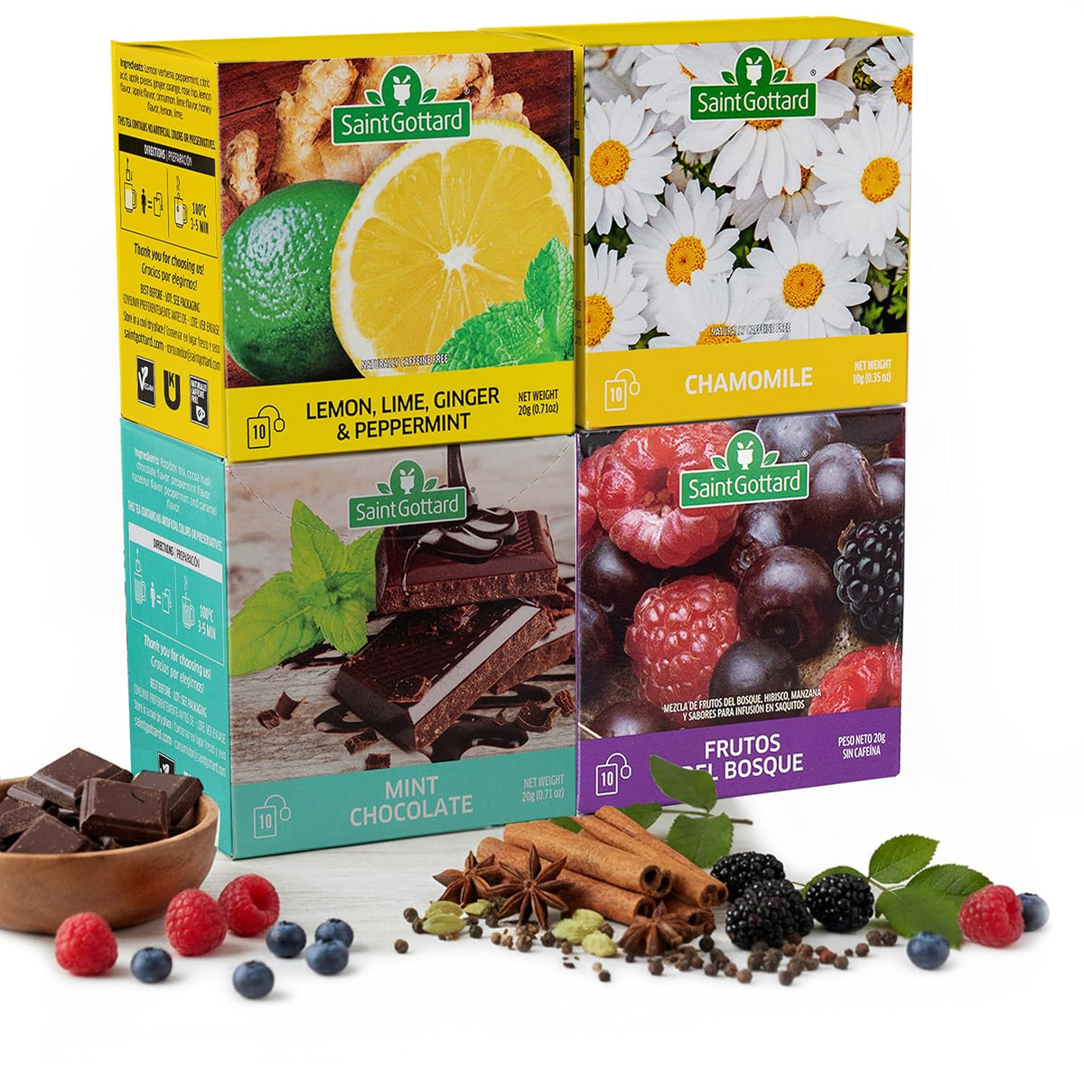 [MIX ESSENTIALS] - Saint Gottard Herbal Tea Variety Pack – Caffeine-Free Best-Sellers Sampler, Natural Ingredients, Hot or Iced Tea, Top-Selling Fruit & Wellness Blends, Aromatic & Smooth Taste, 40 Tea Bags