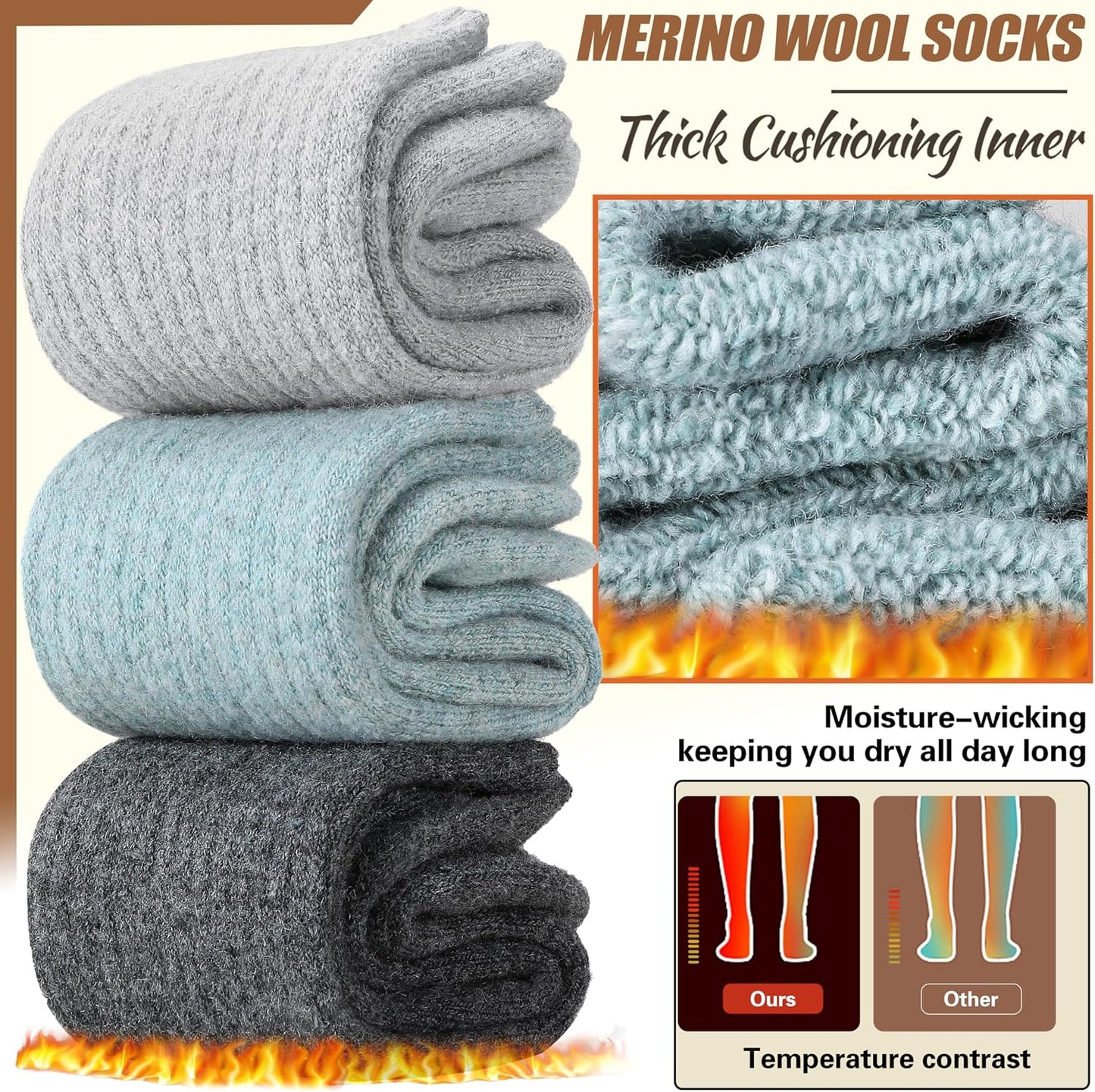EBMORE Merino Wool Socks for Women Hiking Thermal Warm Winter Thick Boot Cozy Crew Comfy Work Socks for Ladies 5 Pairs