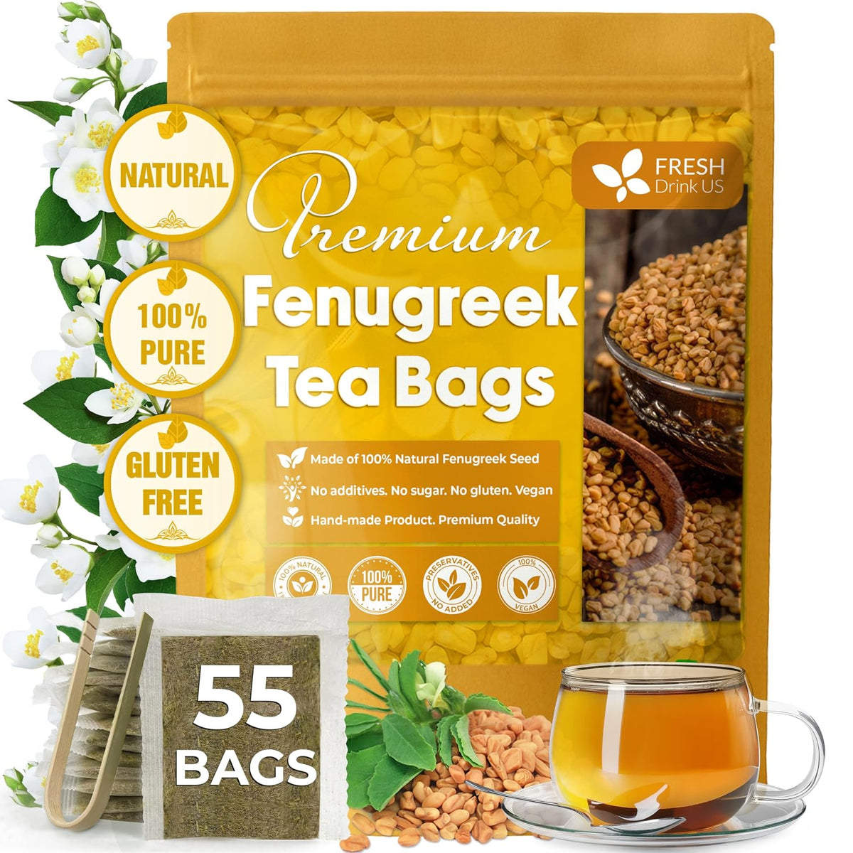FreshDrinkUS, Premium Fenugreek Tea Bag, 55 Count, Pure, Caffeine Free