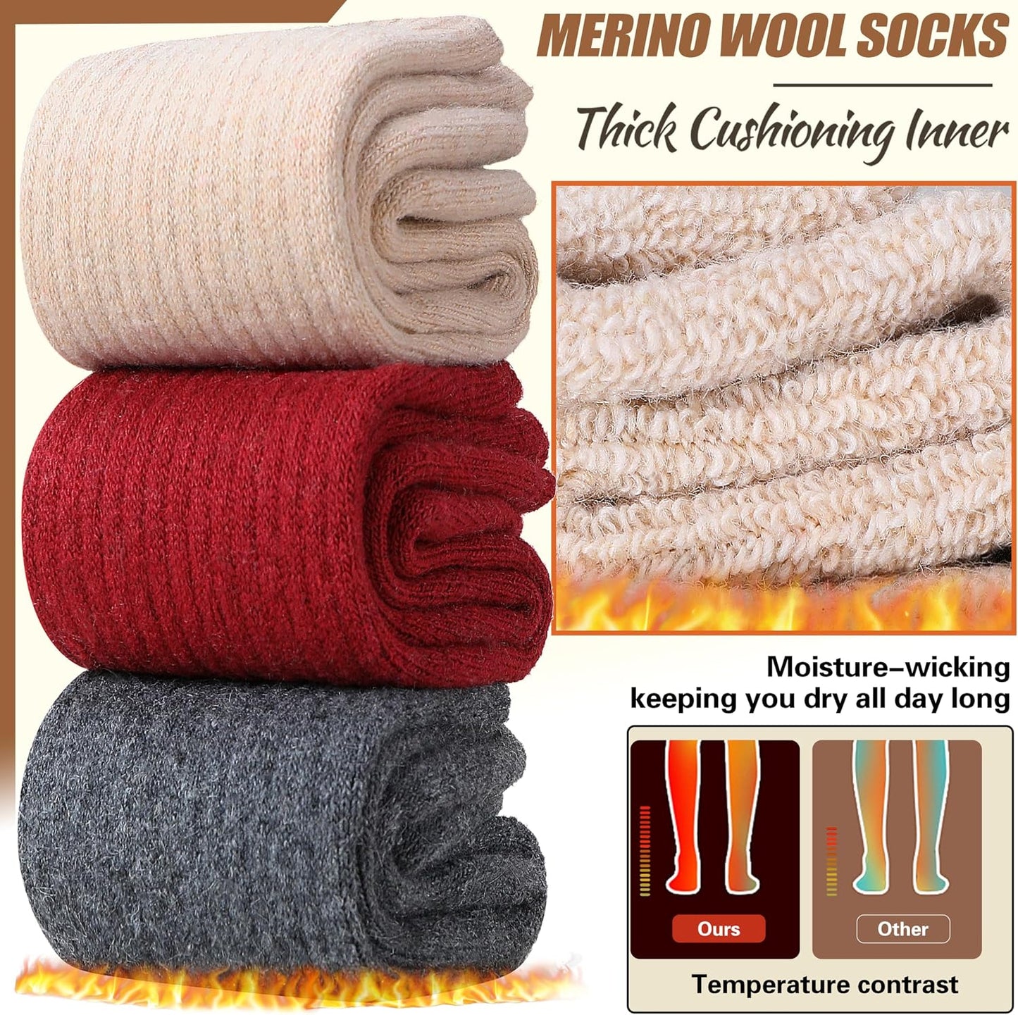 EBMORE Merino Wool Socks for Women Hiking Thermal Warm Winter Thick Boot Cozy Crew Comfy Work Socks for Ladies 5 Pairs