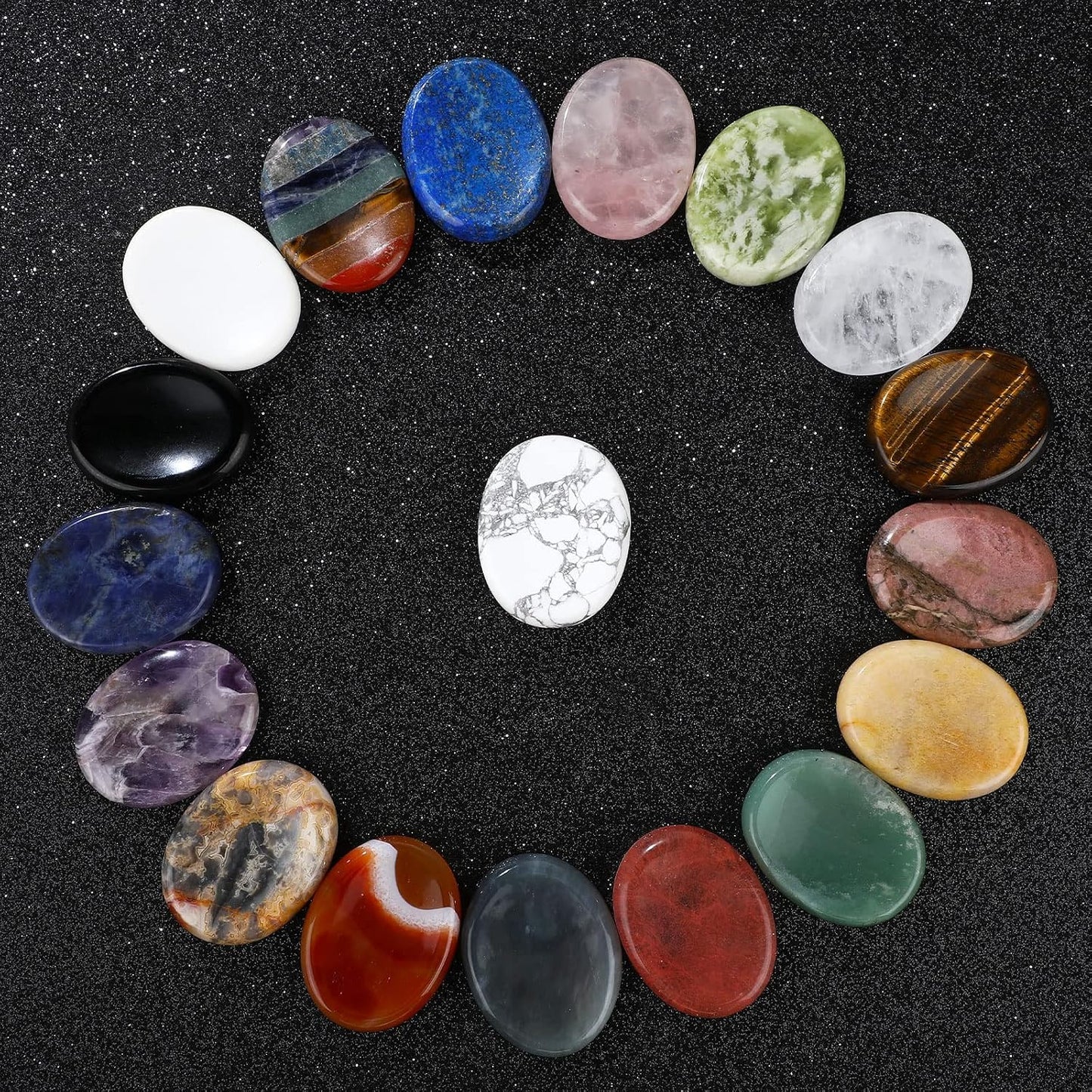 Fumete 18 Pcs Thumb Worry Stone for Anxiety Chakra Crystals Oval Chakra Stones Amethyst Tigers Eye Crystal for Anxiety Stress Relief Meditation Office Stress Yoga Crystal Spiritual Gift (Mixed Set)