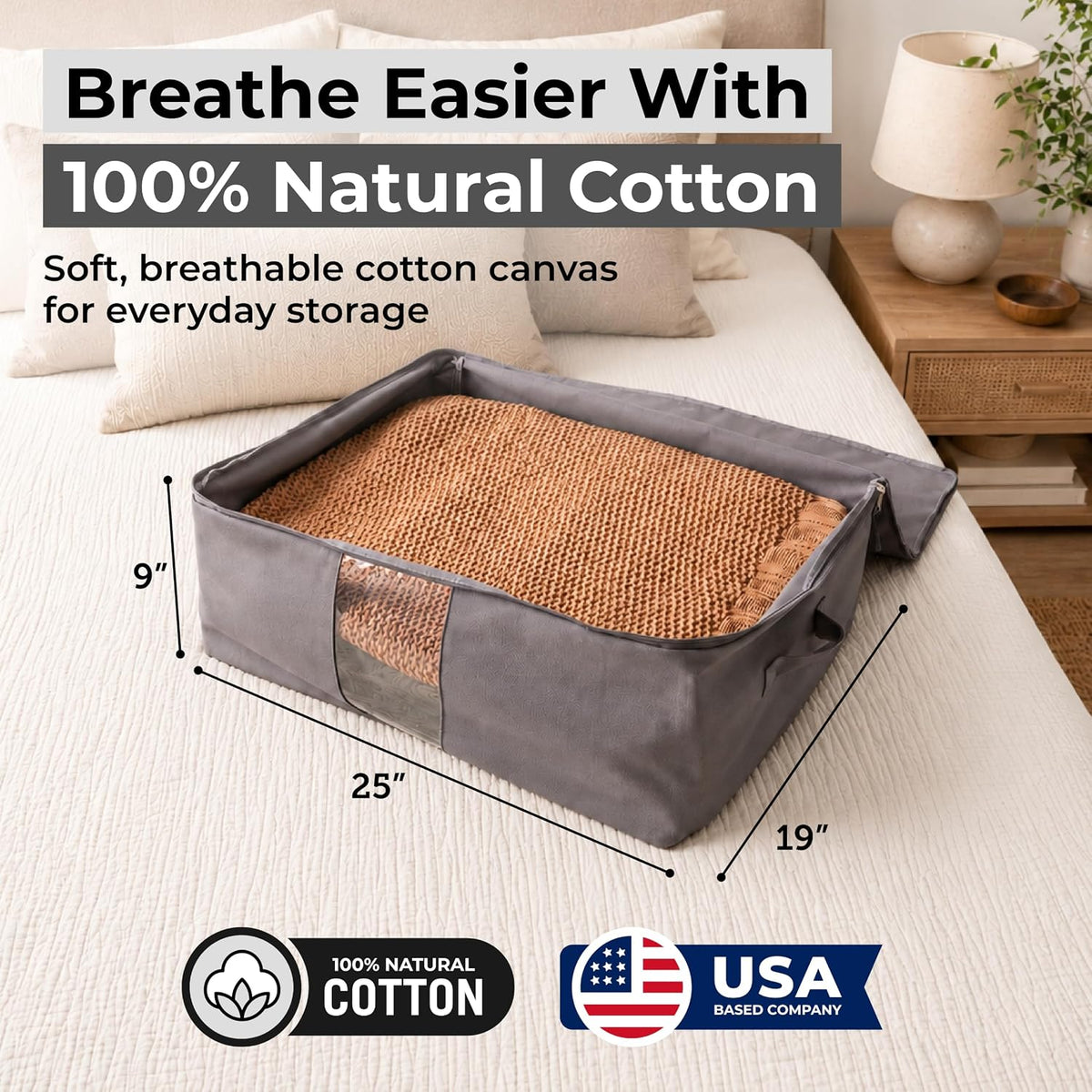 Soft Canvas Storage Bags with Zipper. Thick Breathable, 2pc King/Queen Comforter Organizer. Four Carrying Handles and Window. Large 25x19x9in Bag for Sheets Blankets Bedding Pillows, Clothes