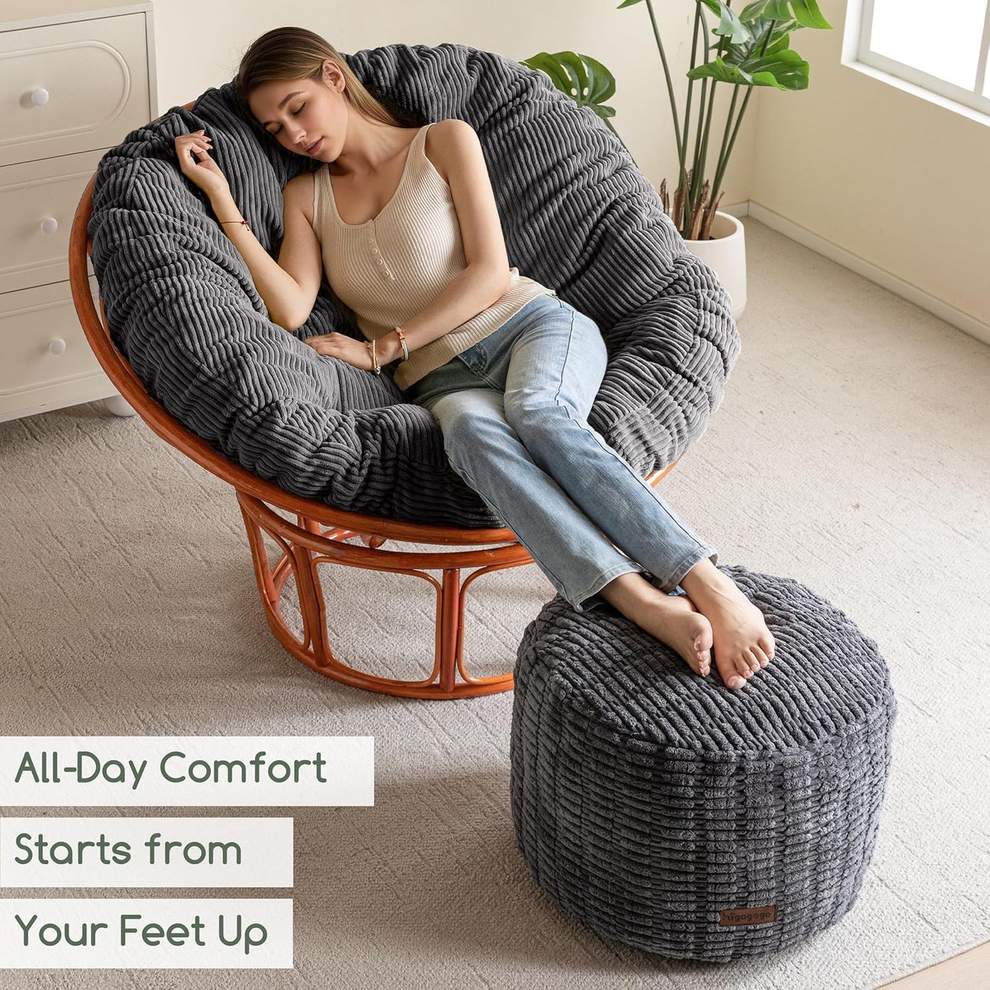 HIGOGOGO Pouf Ottoman Stuffed Round Modern Foam Filled Foot Rest Poufs for Living Room Chair Decorative 20 X 15 Inches Boho Relax Stool for Wedding Christmas Party, Beige