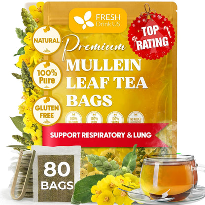 FreshDrinkUS, Premium 80 Mullein Leaf Tea Bags – 100% Natural, Pure, & Caffeine-Free Herbal Tea for Lung – Loose Leaf, No Sugar, Vegan, Gluten-Free, Made with Natural Material Tea Bags