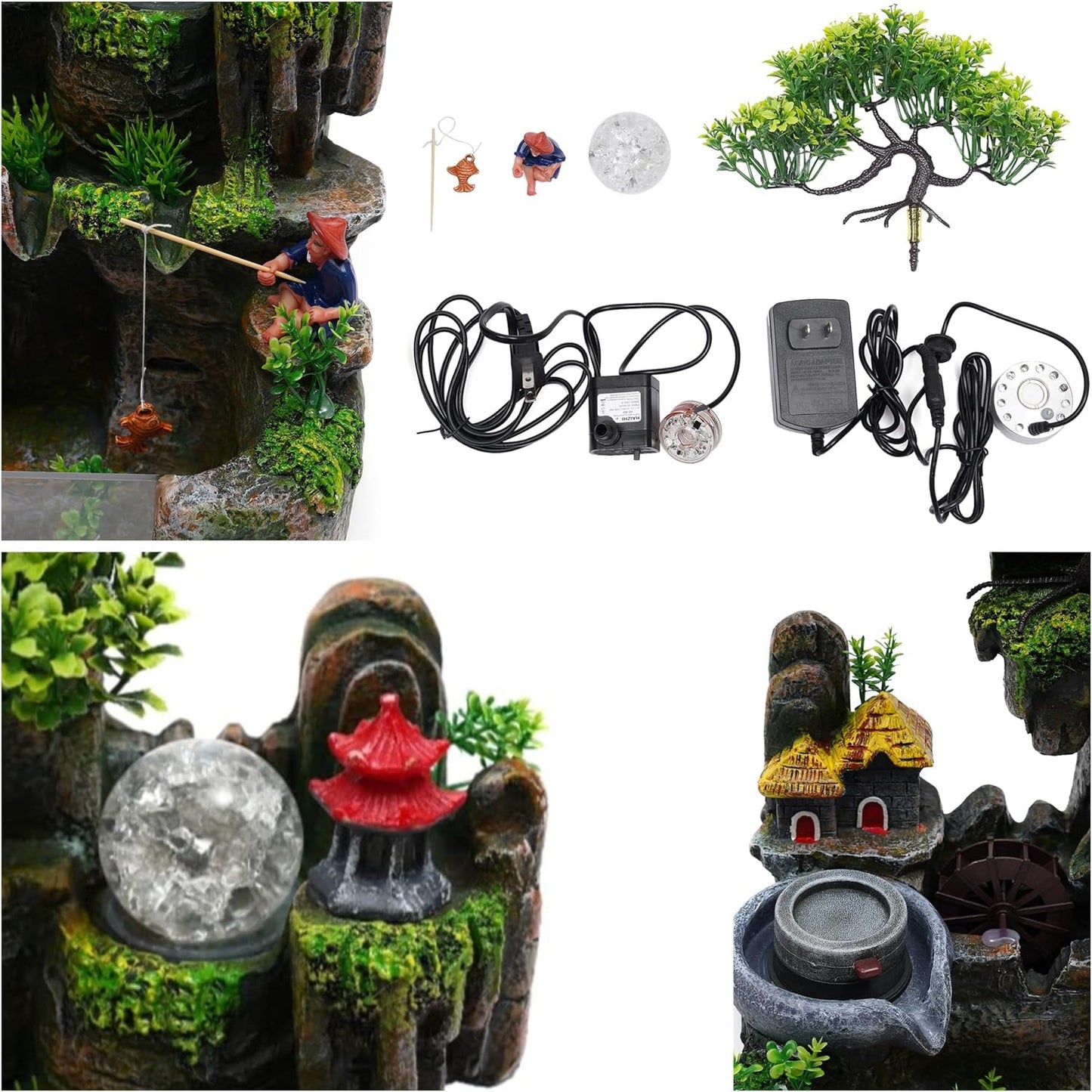 Mini Artificial Bonsai Tree Waterfall Fog Feature Rock Tabletop Fountain | 11in Desktop Decor Waterfall Fountain W/ Water Pump& Atomizer&LED Lights &Fake Tree Office Bedroom Relax