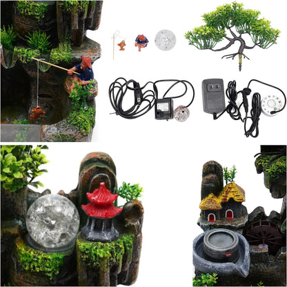 Mini Artificial Bonsai Tree Waterfall Fog Feature Rock Tabletop Fountain | 11in Desktop Decor Waterfall Fountain W/ Water Pump& Atomizer&LED Lights &Fake Tree Office Bedroom Relax