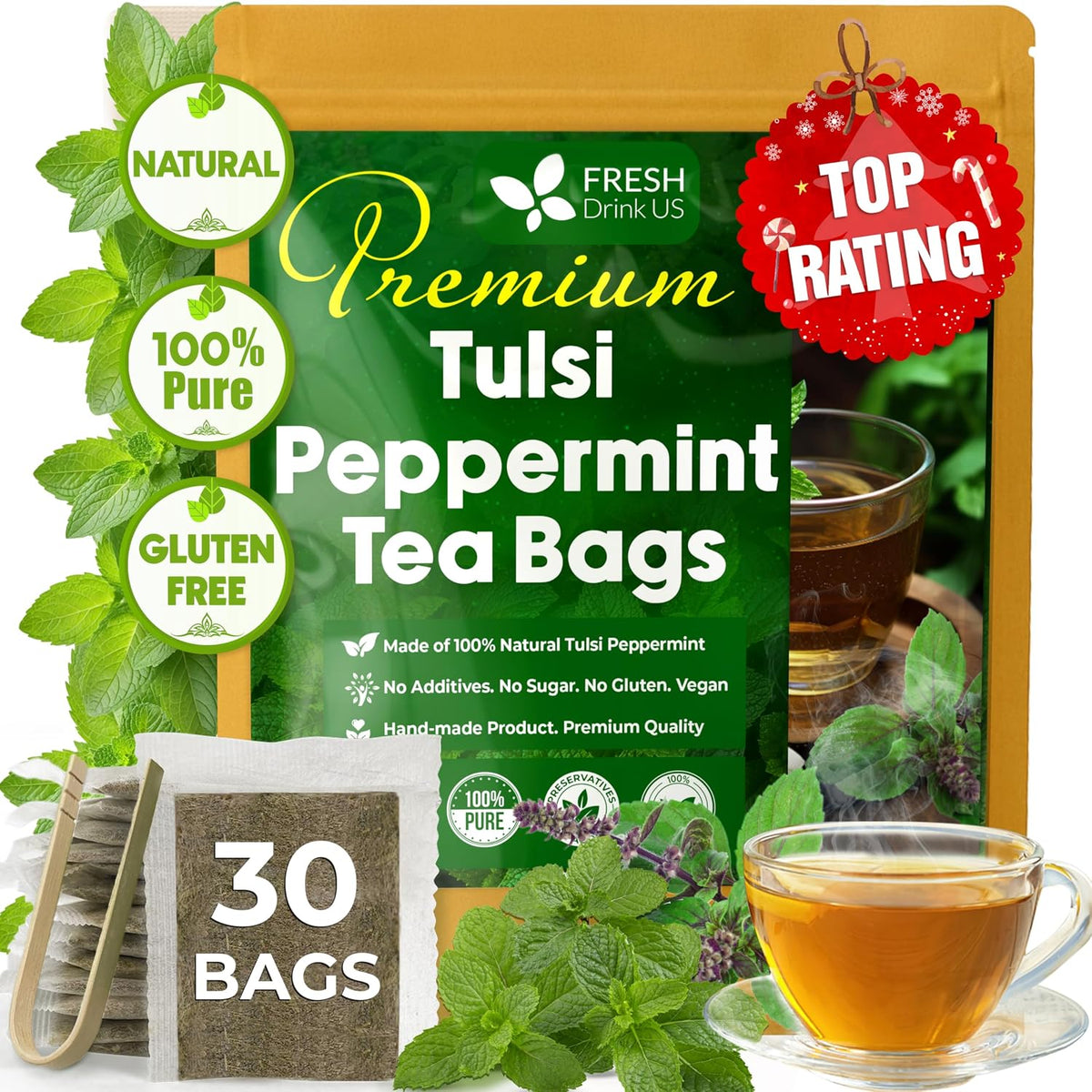 FreshDrinkUS, Premium Tulsi Peppermint Herbal – 30 Tea Bags, 100% Natural, Blend of Tulsi Holy Basil Leaves, and Peppermint Leaves. Made with Natural Material Tea Bags. No Sugar, Vegan.