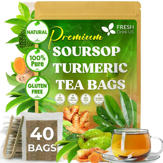 FreshDrinkUS, Premium Soursop Turmeric Tea, 40 Count, Caffeine Free, Vegan
